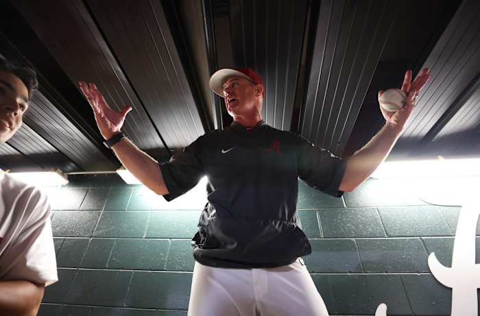 Alabama baseball interim head coach Jason Jackson speaks to his team after beating Vanderbilt at Sewell-Thomas Stadium in Tuscaloosa, Ala. on Thursday, May 4, 2023.